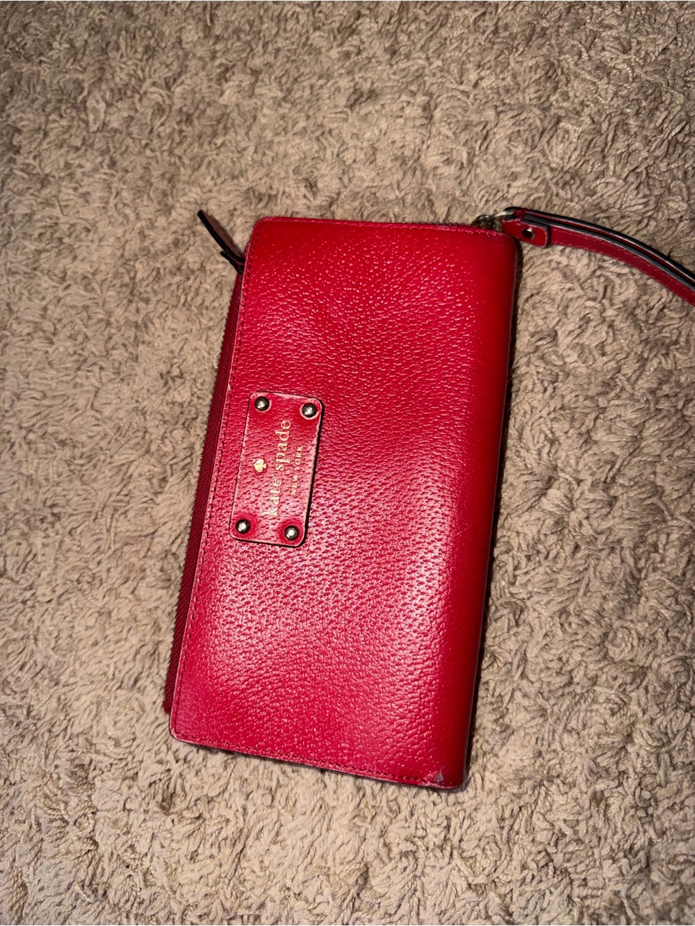 Kate Spade Red Pebbled Leather Wristlet Clutch with Gold Logo